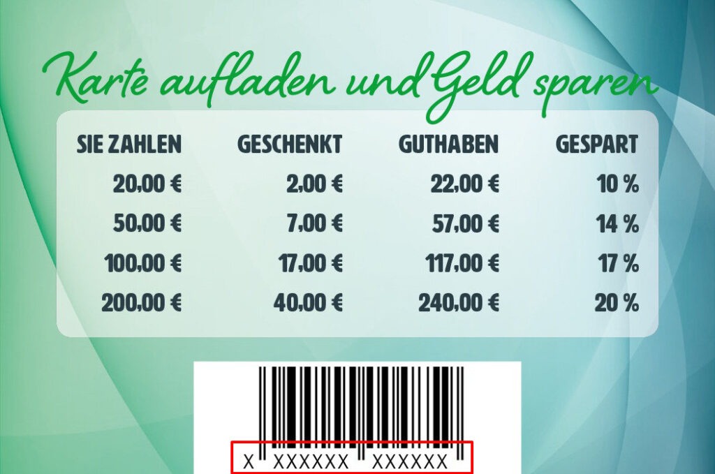 Kundenkarte Rückseite mit Bonustafel und Beispiel-Barcode